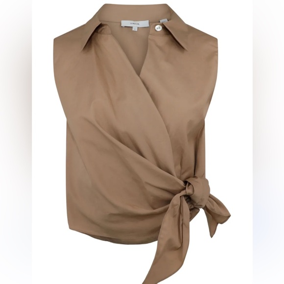 Vince Tan Wrap Blouse Sleeveless Cotton Poplin Wrap Shirt in Dune Size 2 - Picture 1 of 8